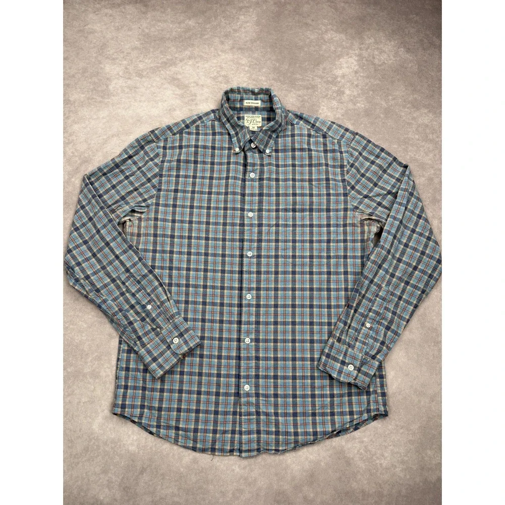 J Crew Shirt Mens Medium Blue Plaid Slim Untucked Organic Cotton Stretch Casual